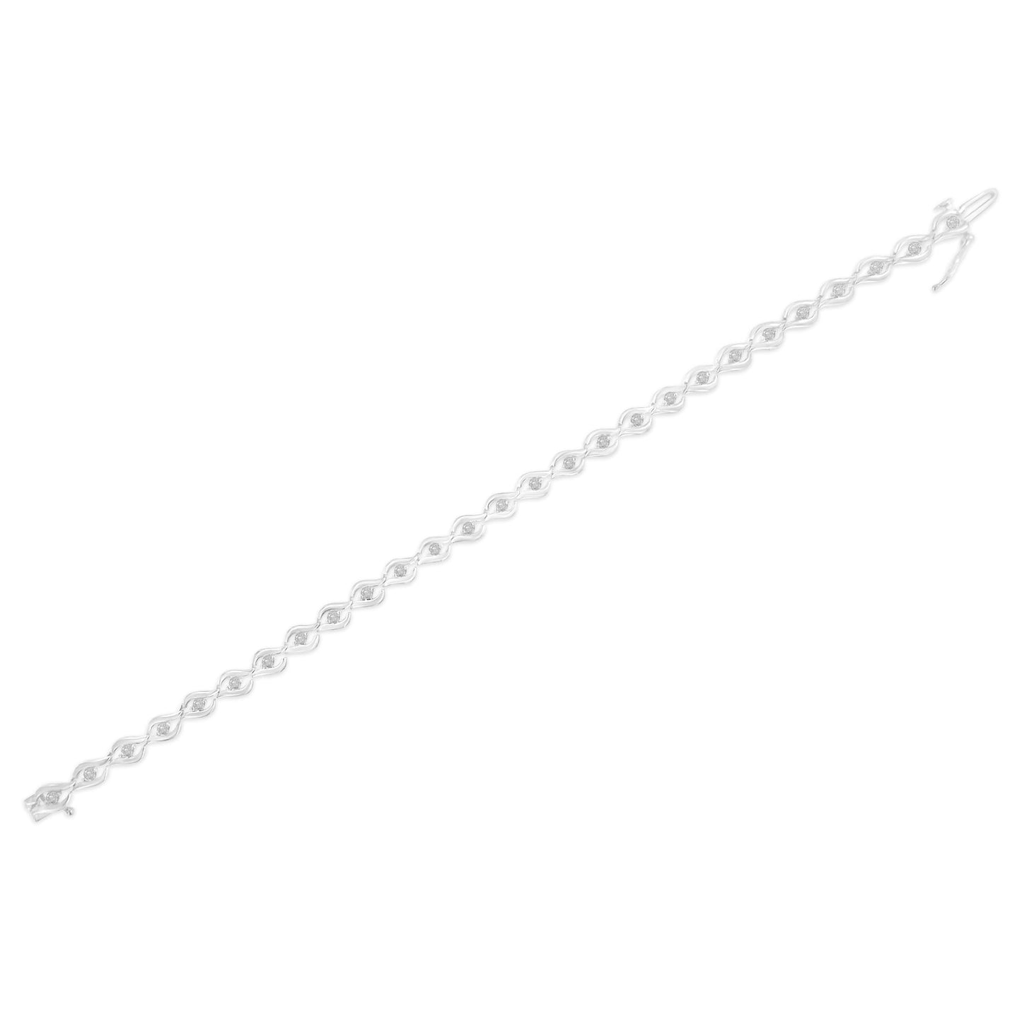 White metal bracelet with alternating twisted links and round white gemstones in prong settings, shown flat from a top-down angle.