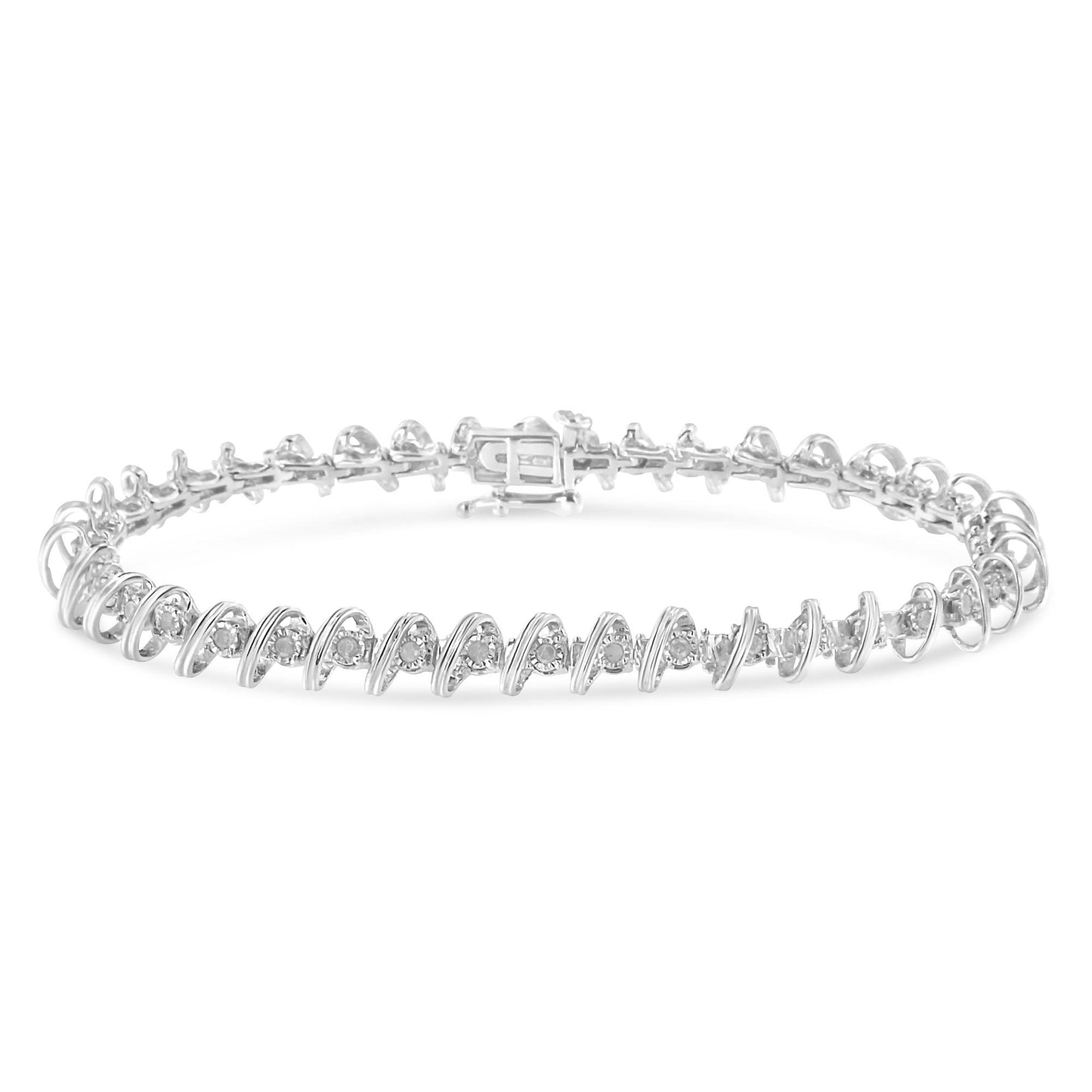 White metal bracelet with round white gemstones in a miracle setting, shown from a front angle.