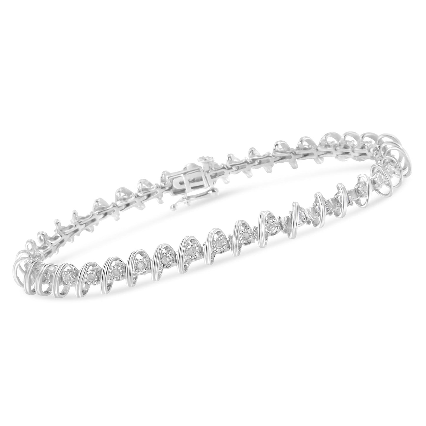 White metal bracelet with round white gemstones in a spiral setting, shown at a slight angle.