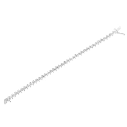 White metal bracelet with round white gemstones in a miracle setting, shown from a top-down angle against a white background.