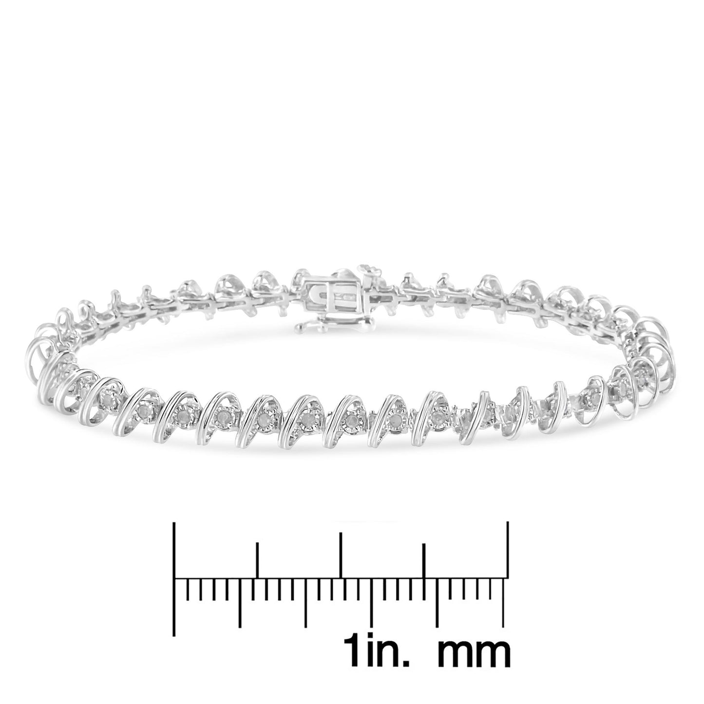 White metal bracelet with round white gemstones in miracle setting, displayed flat on a ruler for size reference, shot at a slight angle.