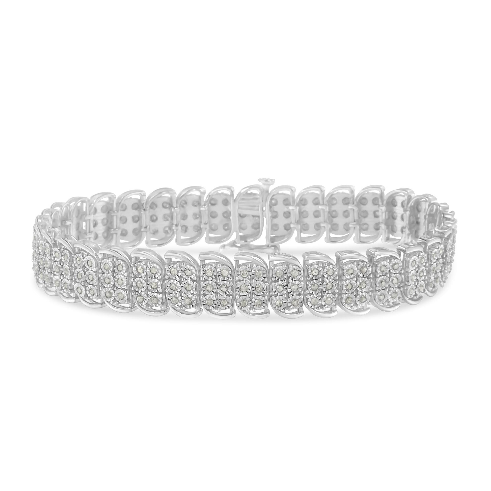 White metal bracelet with round white gemstones in a miracle setting, shown from a front angle.