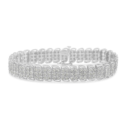 White metal bracelet with round white gemstones in a miracle setting, shown from a front angle.