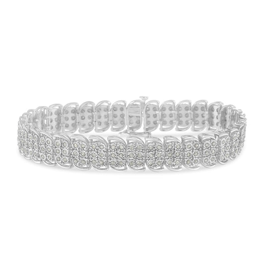 White metal bracelet with round white gemstones in a miracle setting, shown from a front angle.