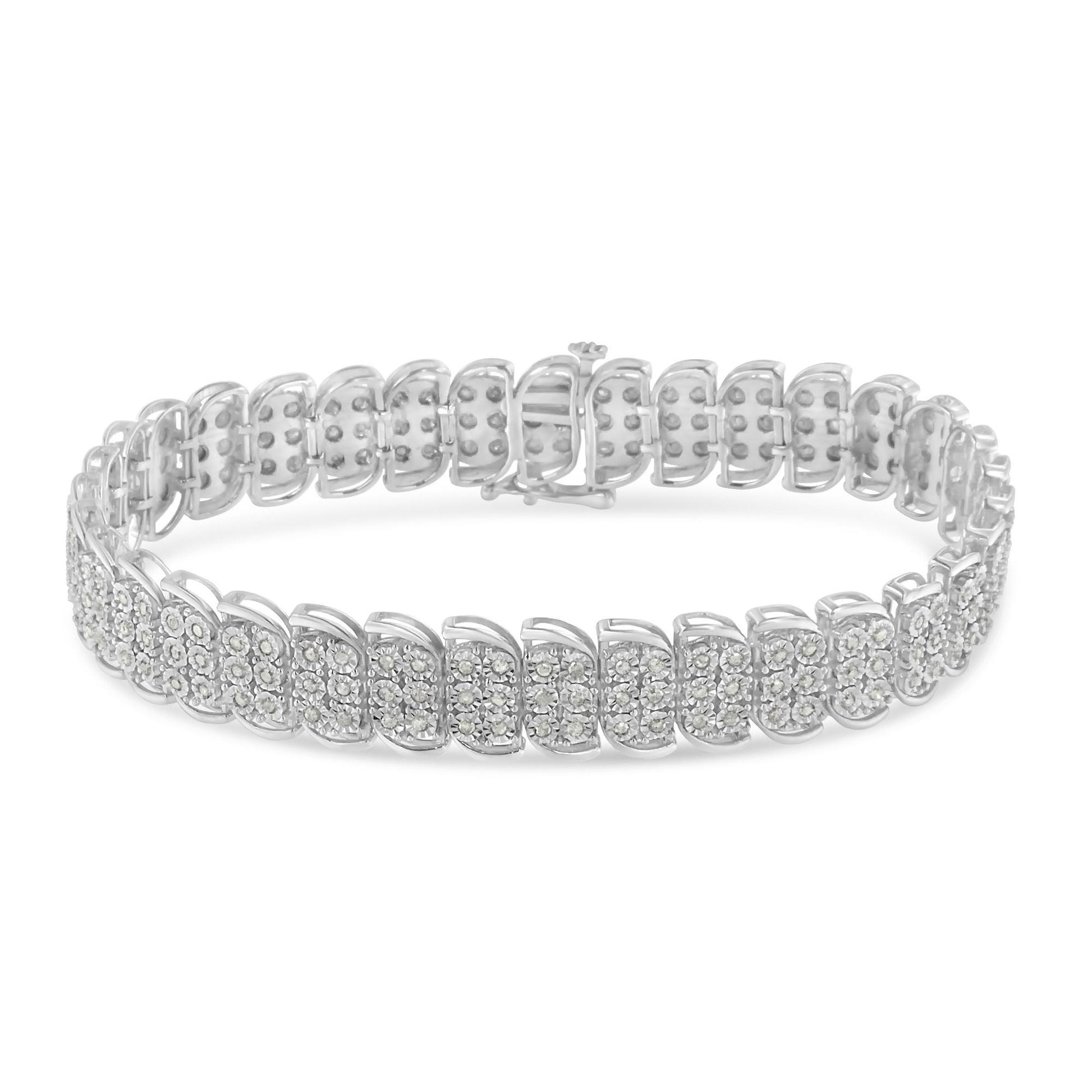 White metal bracelet with multiple rectangular links, each set with small round white gemstones in a miracle setting, shown from a slightly elevated front angle.