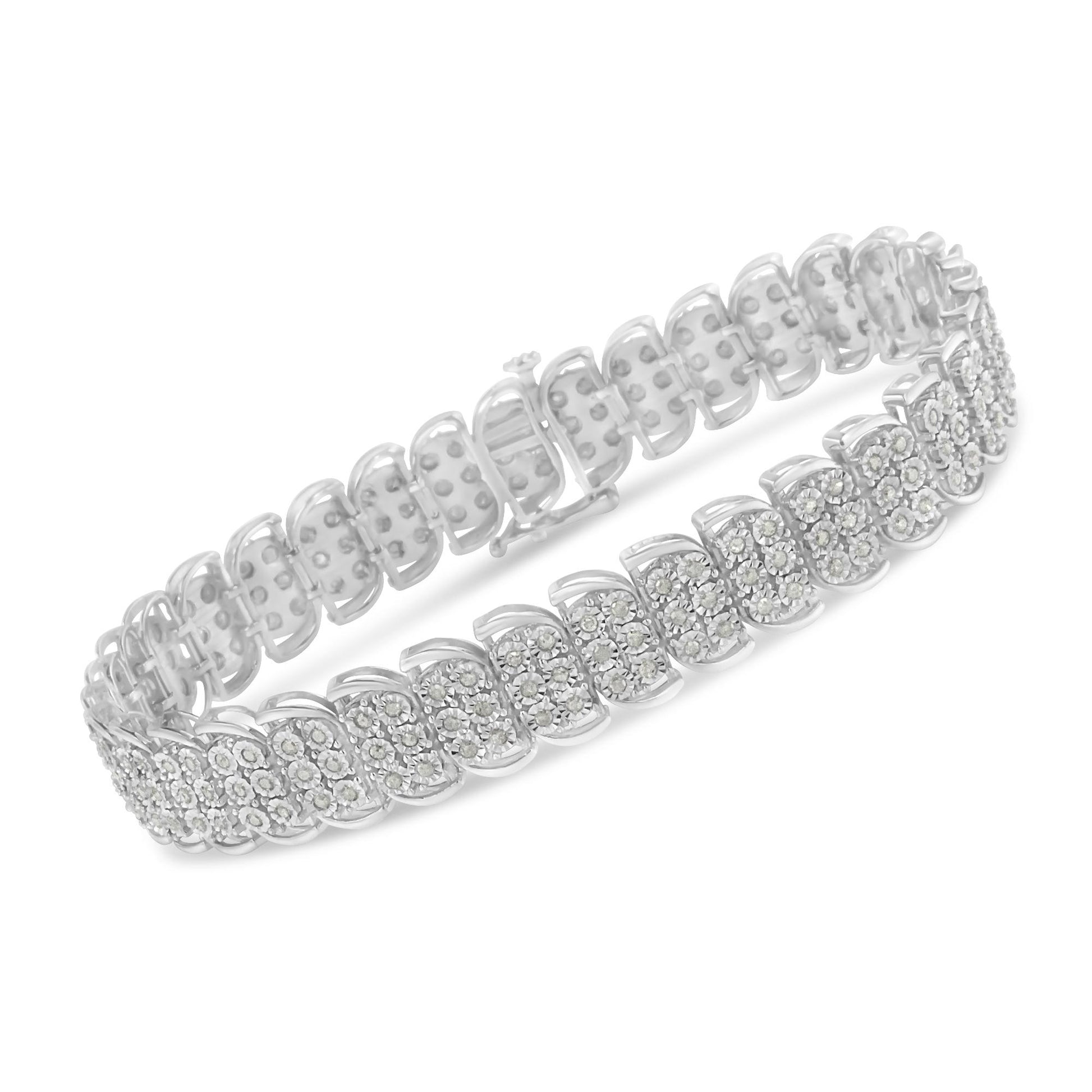 White metal bracelet with round white gemstones in miracle setting, shown in a side angle.