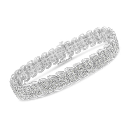 White metal bracelet with round white gemstones in miracle setting, shown in a side angle.