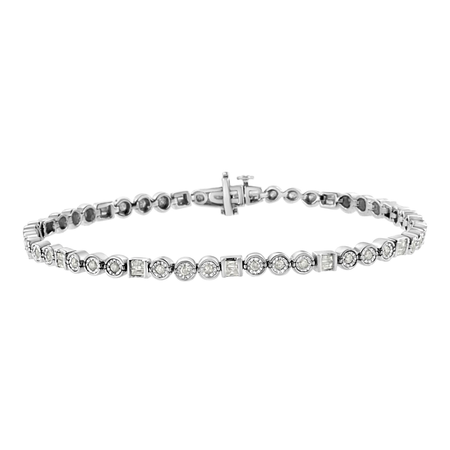 White metal bracelet with alternating round and baguette white gemstones, shown in a front-facing angle.