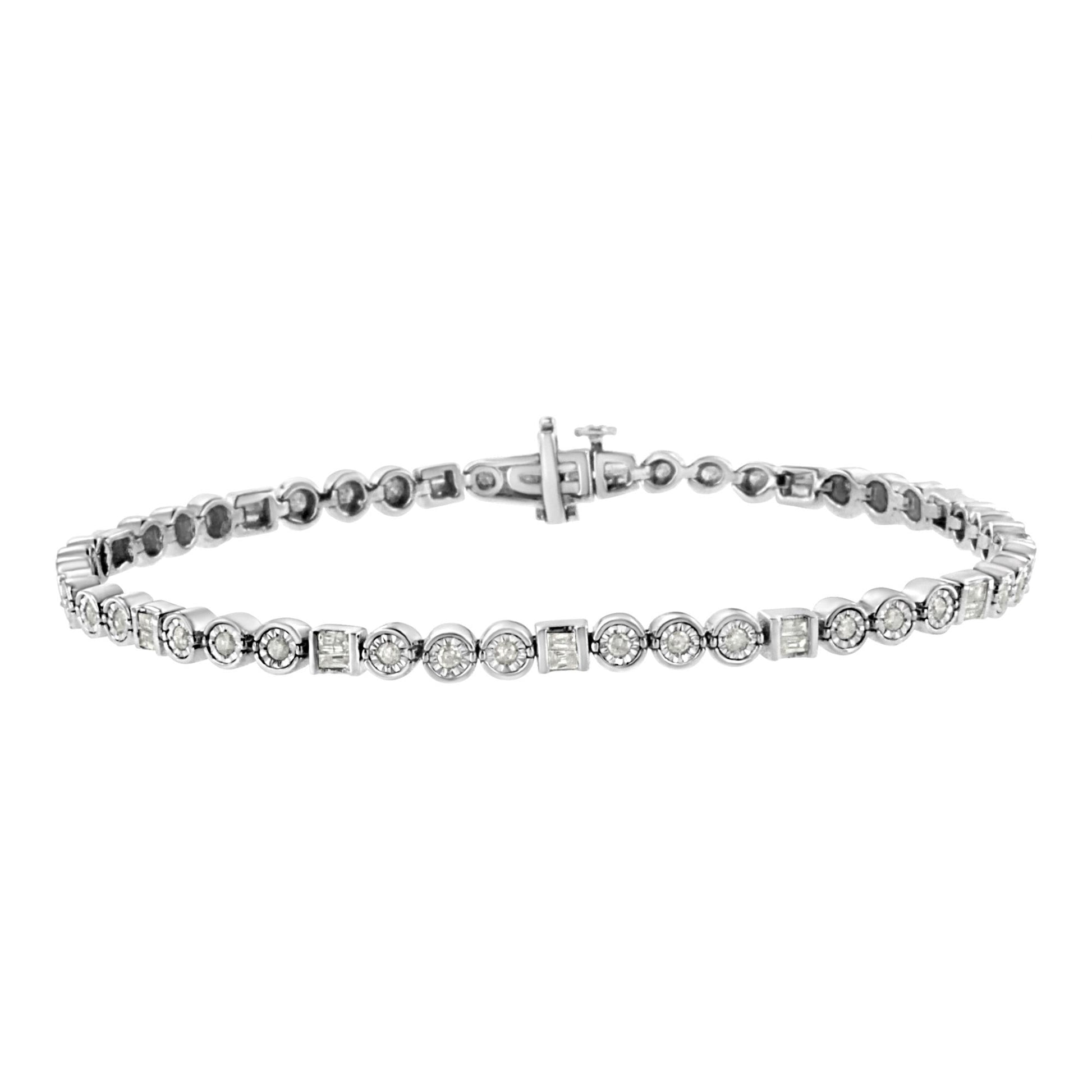 White metal bracelet with alternating round and baguette white gemstones, shown in a front-facing angle.