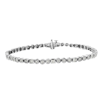 White metal bracelet with alternating round and baguette white gemstones, shown in a front-facing angle.