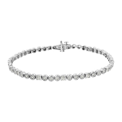White metal bracelet with alternating round and baguette white gemstones, shown from a top front angle.