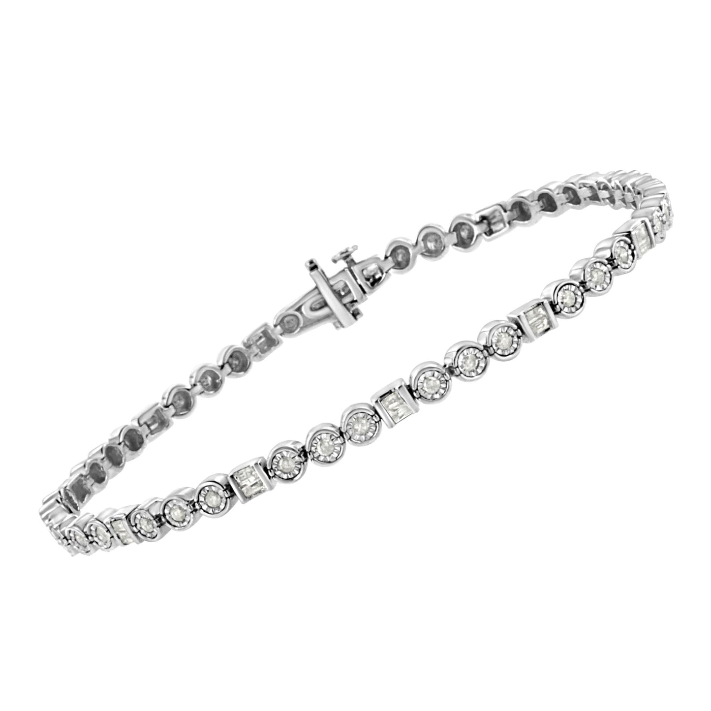 White metal bracelet with alternating round and baguette-shaped white gemstones in miracle and channel settings, angled slightly from above.