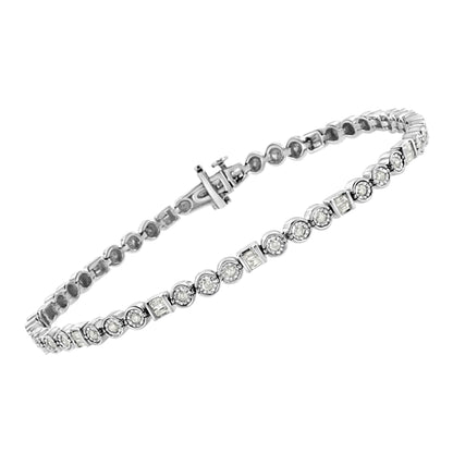 White metal bracelet with alternating round and baguette-shaped white gemstones in miracle and channel settings, angled slightly from above.