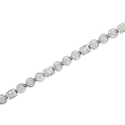 Diagonal view of a white bracelet featuring alternating round white gemstones in miracle settings and square white gemstones in channel settings.