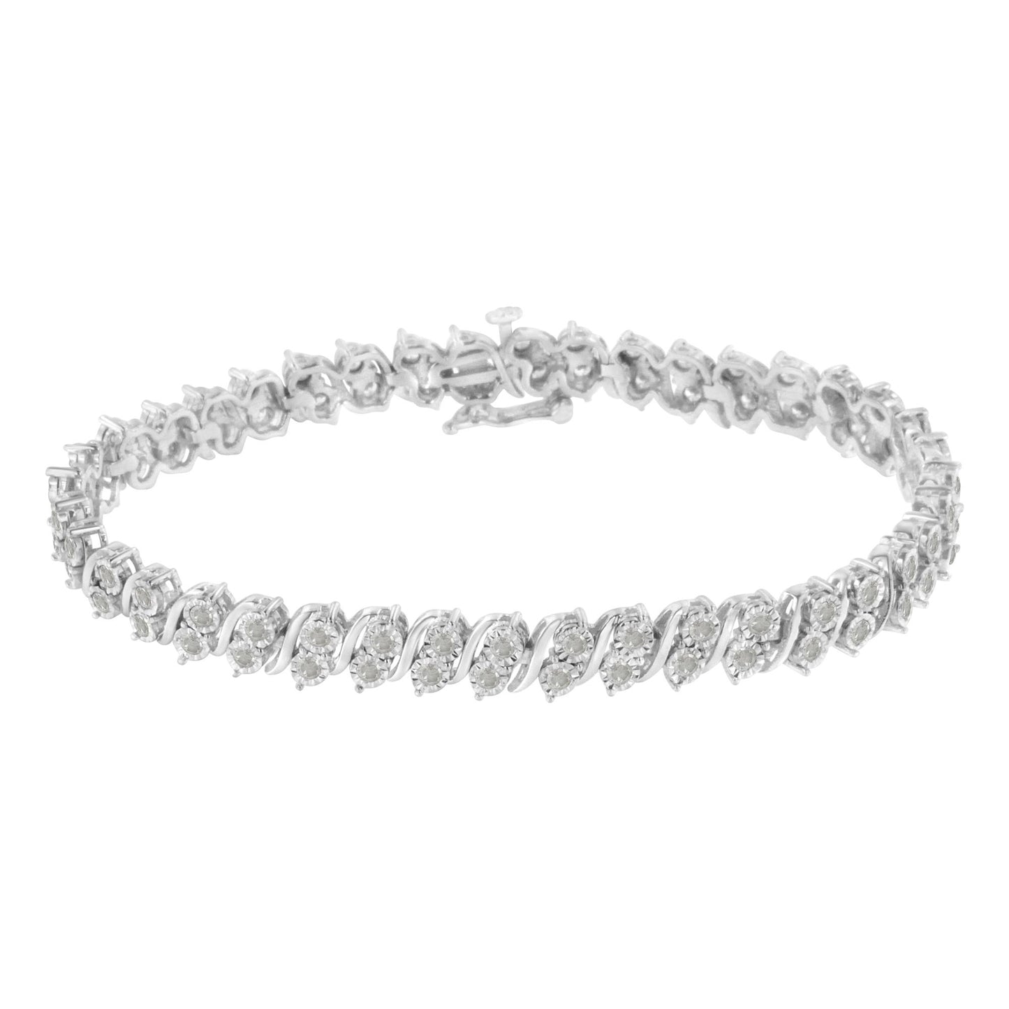White metal bracelet with round white gemstones in a miracle setting, shown in a front angle view.