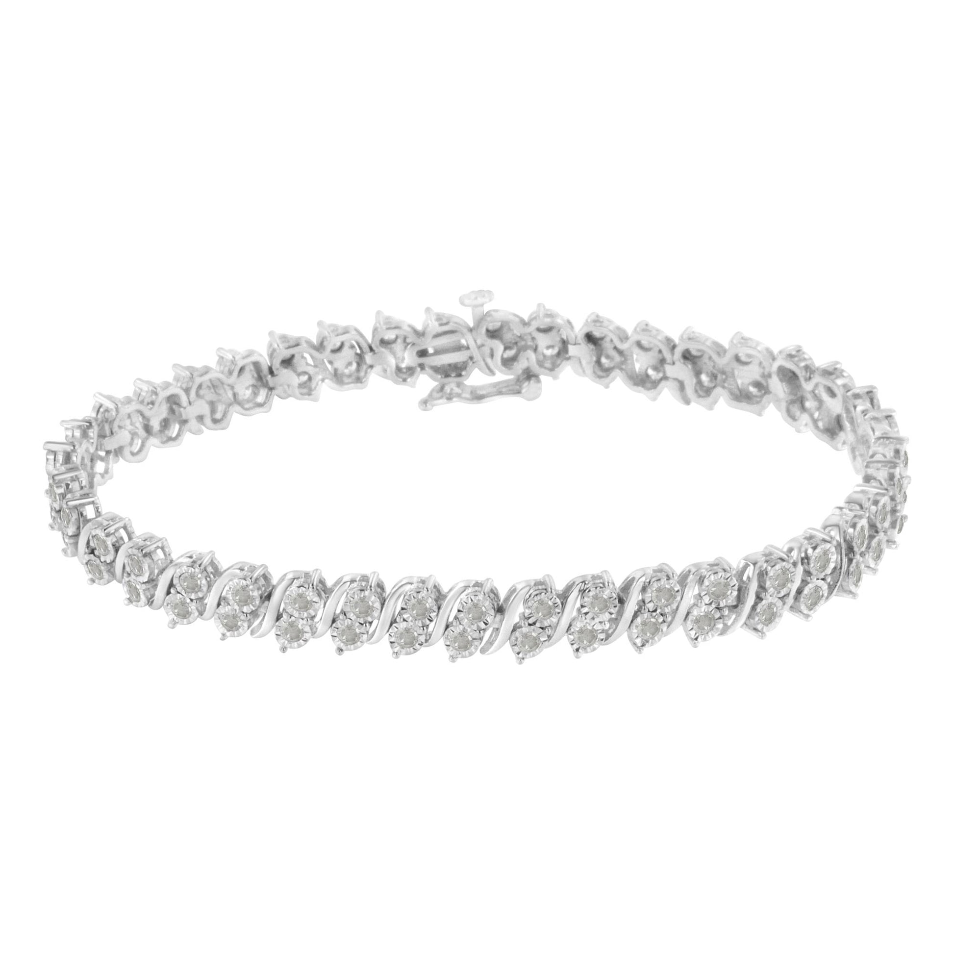 White metal bracelet with round white gemstones in a miracle setting, shown in a front angle view.