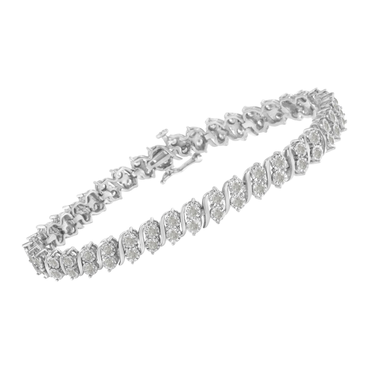 White metal bracelet with round white gemstones set in a spiral pattern, shown at an angled top view.