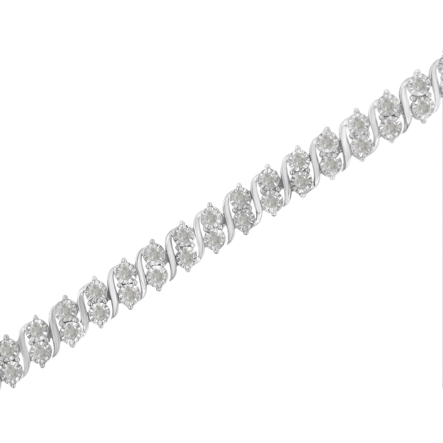 Close-up diagonal view of a white metal bracelet featuring multiple round white gemstones in a miracle setting.