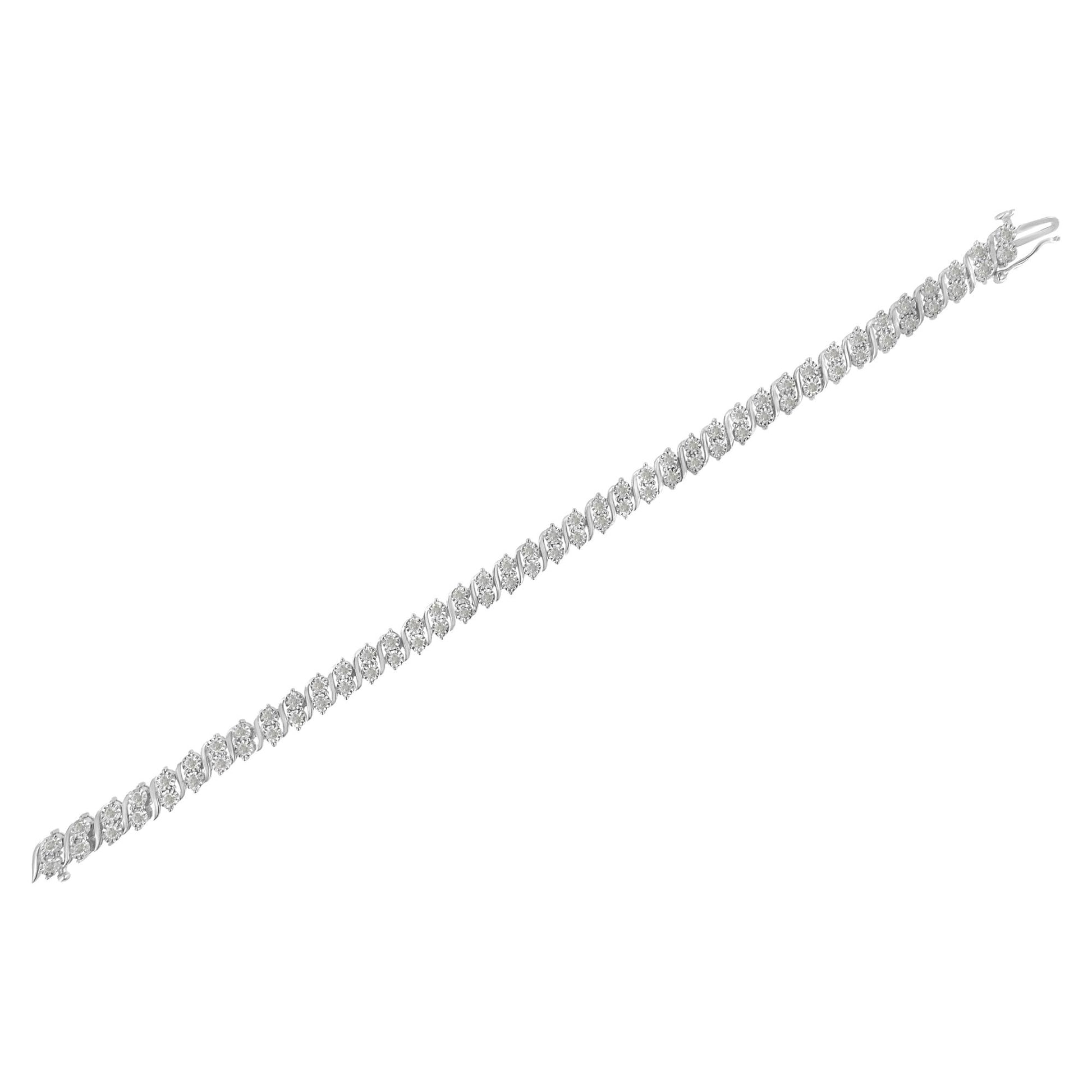 White metal bracelet with round white gemstones in a diagonal view.