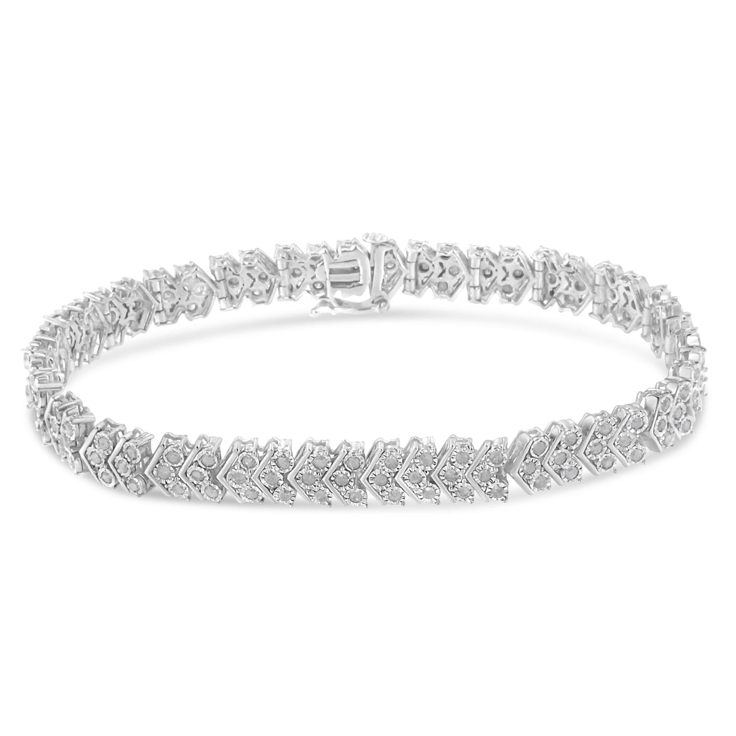 White metal bracelet with round white gemstones in a miracle setting, shown from an angled front view.