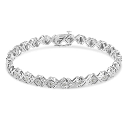 White metal bracelet with alternating X and round settings, each holding a white round gemstone, shown from a slightly elevated front angle.