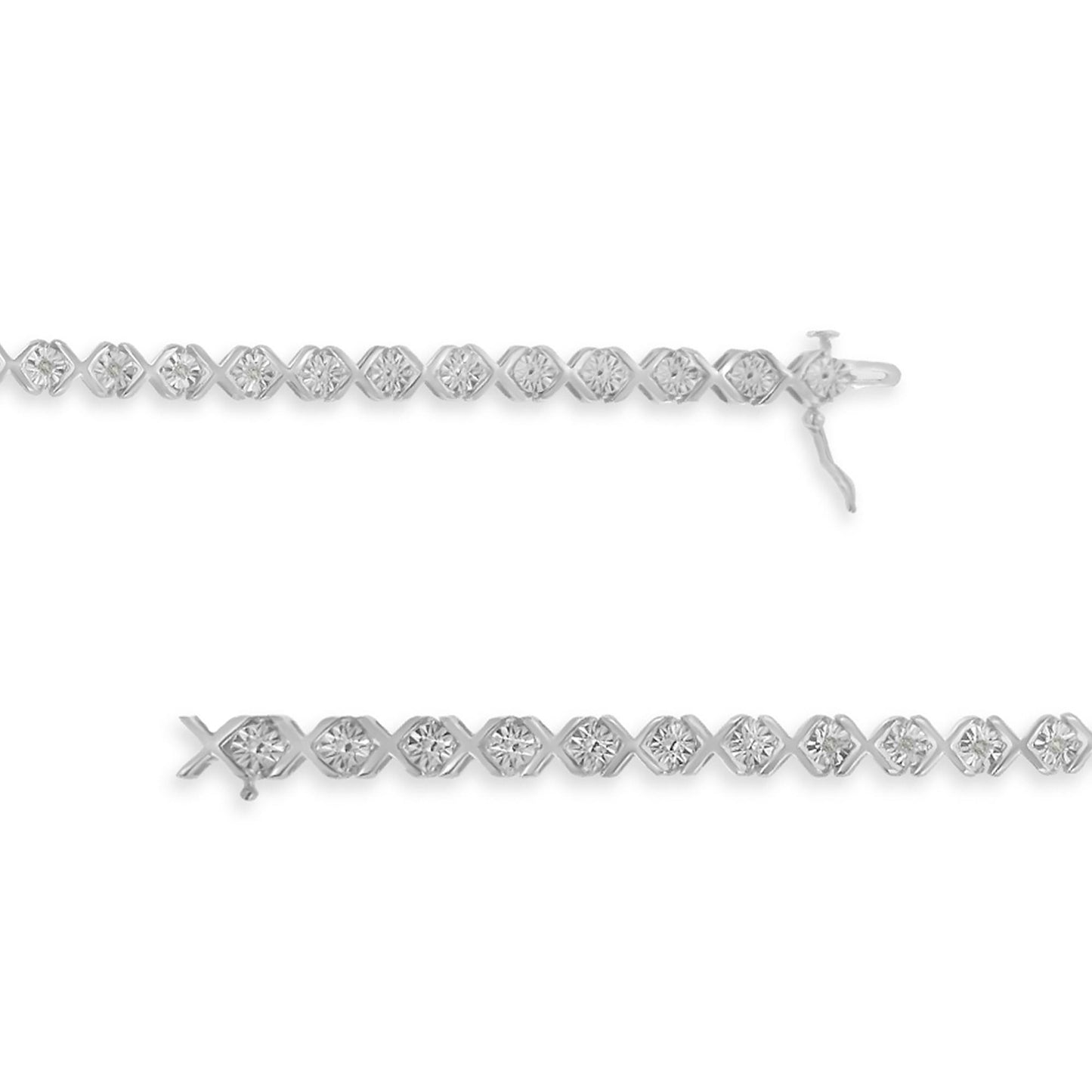 Top-down view of two white metal bracelets with round white gemstones set in an alternating X and square pattern, shown with clasp details.