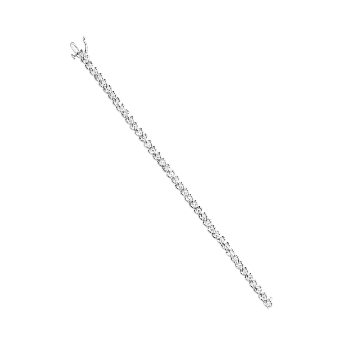 White metal bracelet with round white gemstones in prong settings, shown in a flat lay image from a top-down angle.