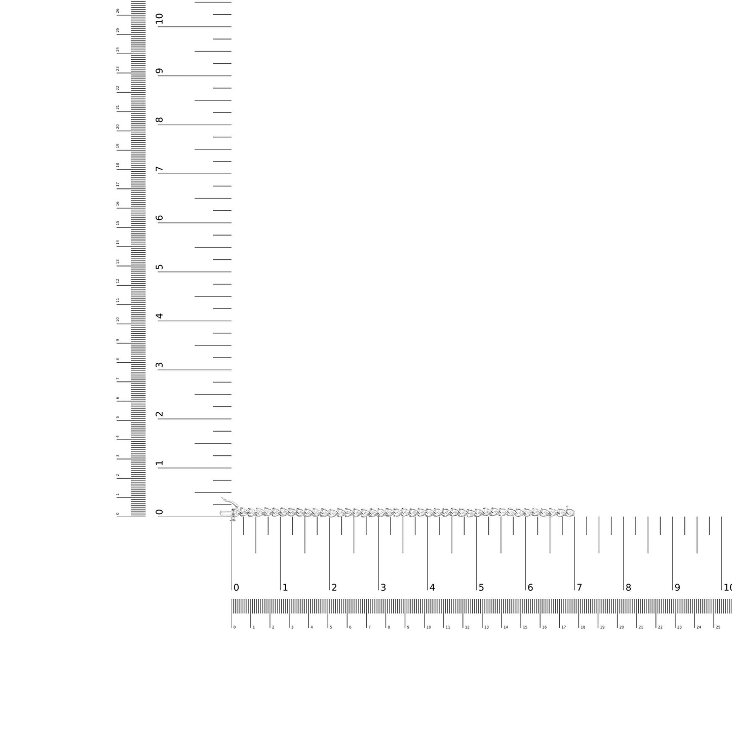 White metal bracelet with round white gemstones in prong setting, laid flat next to rulers for size reference, top-down view.