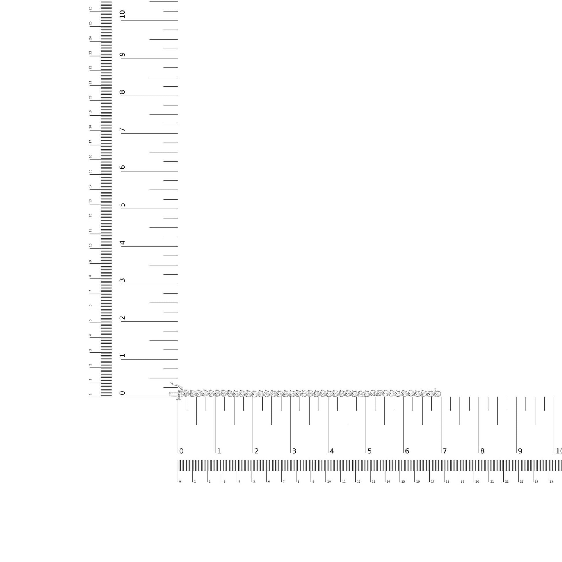 White metal bracelet with round white gemstones in prong setting, laid flat next to rulers for size reference, top-down view.