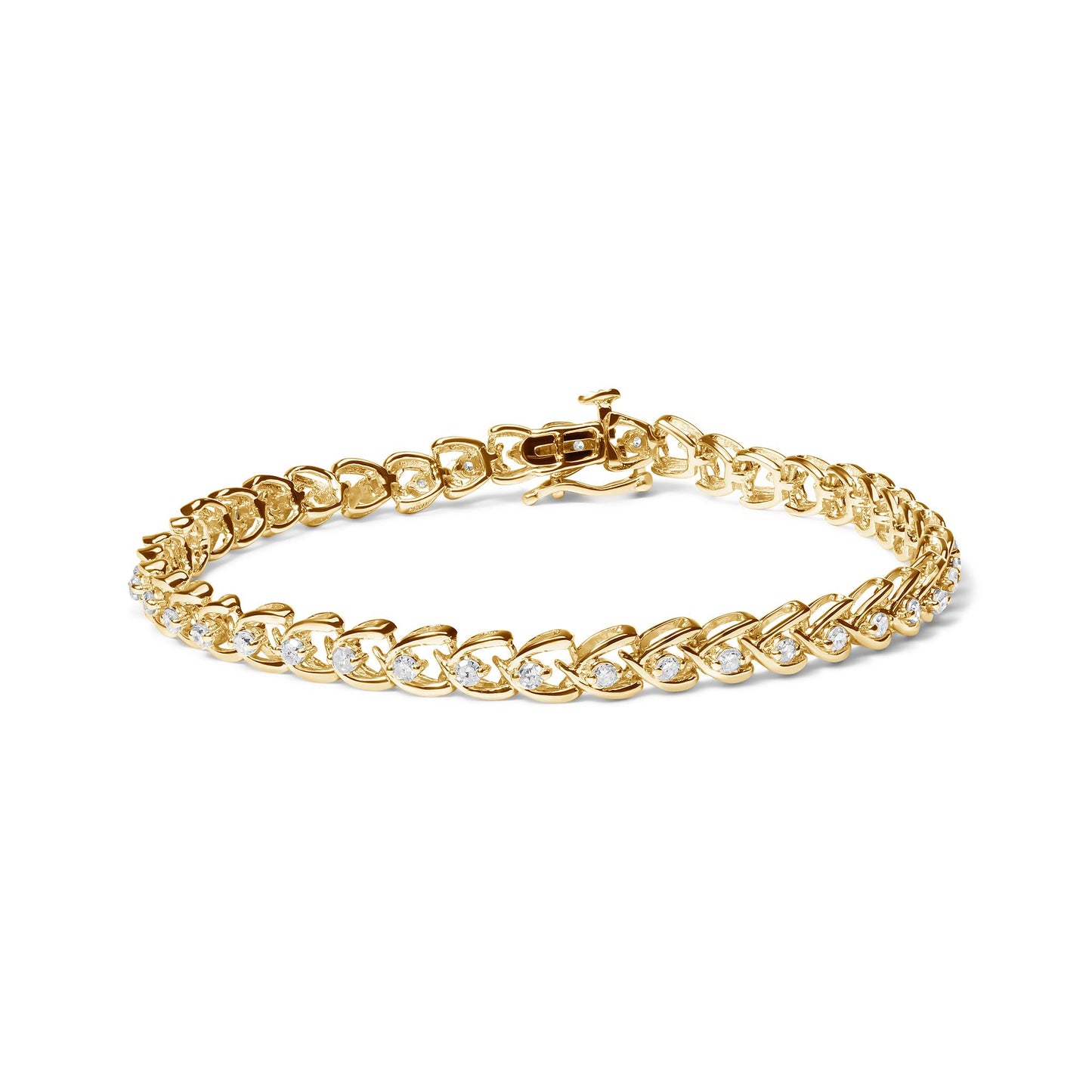 Yellow bracelet with round white gemstones in prong settings, shown at a slight angle on a white background.