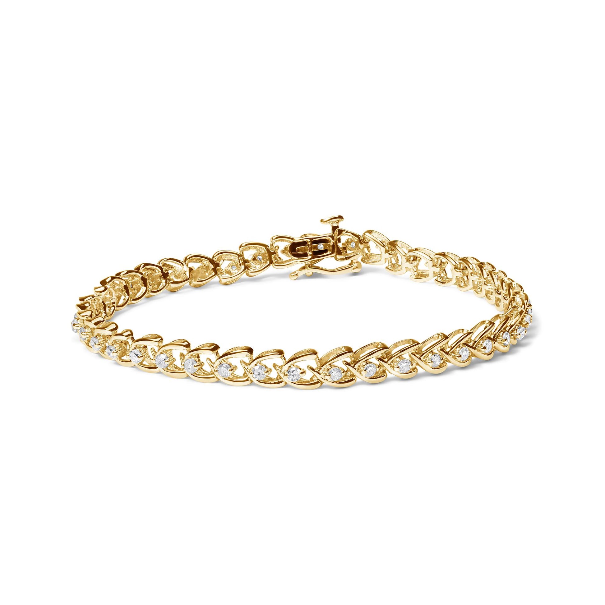 Yellow bracelet with round white gemstones in prong settings, shown at a slight angle on a white background.