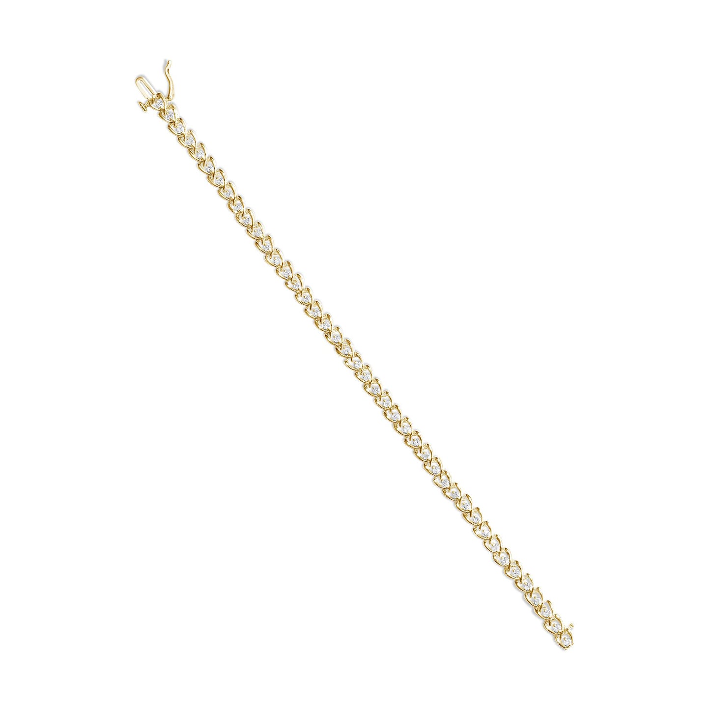 Yellow metal bracelet with round white gemstones in prong settings, shown flat from a top-down angle.