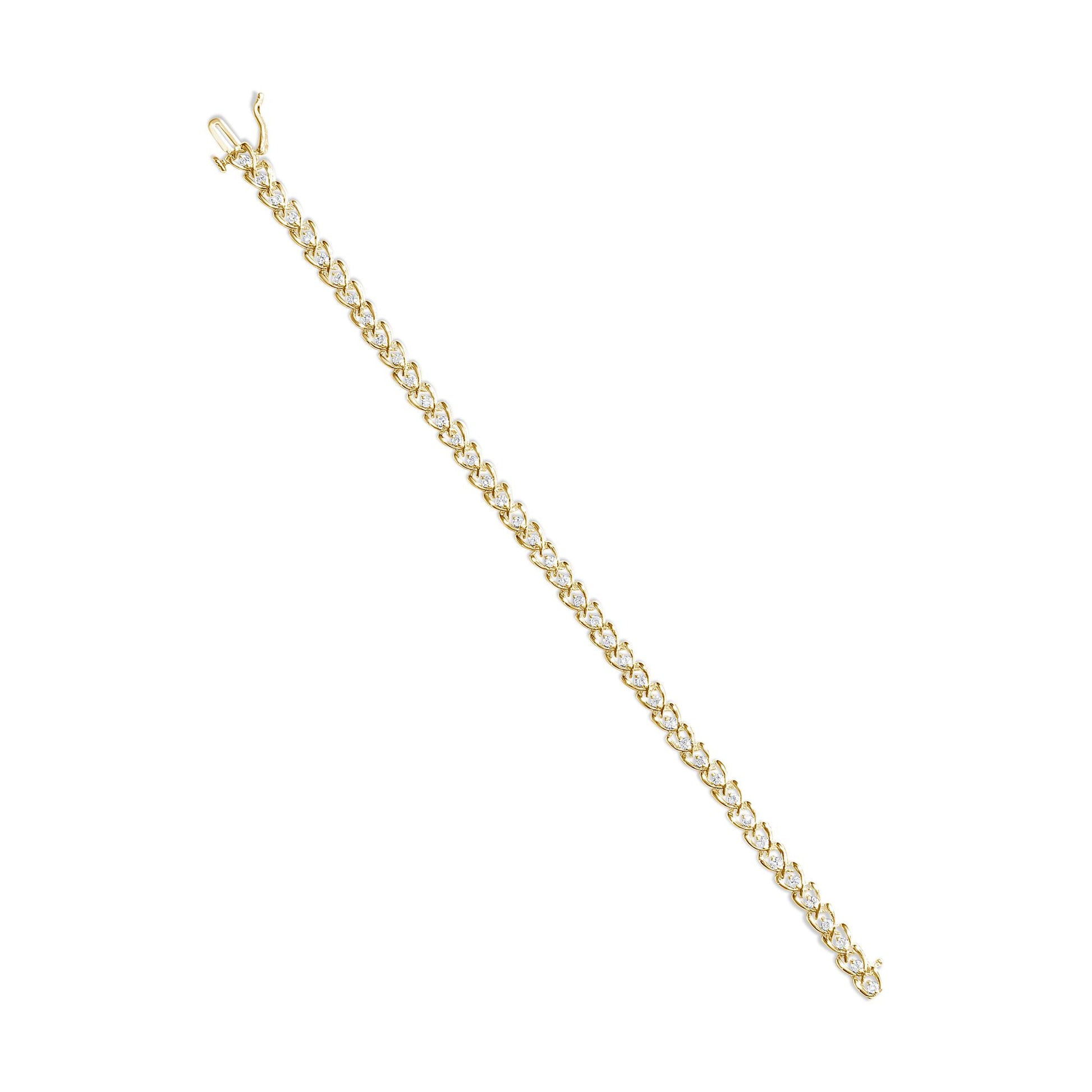 Yellow metal bracelet with round white gemstones in prong settings, shown flat from a top-down angle.