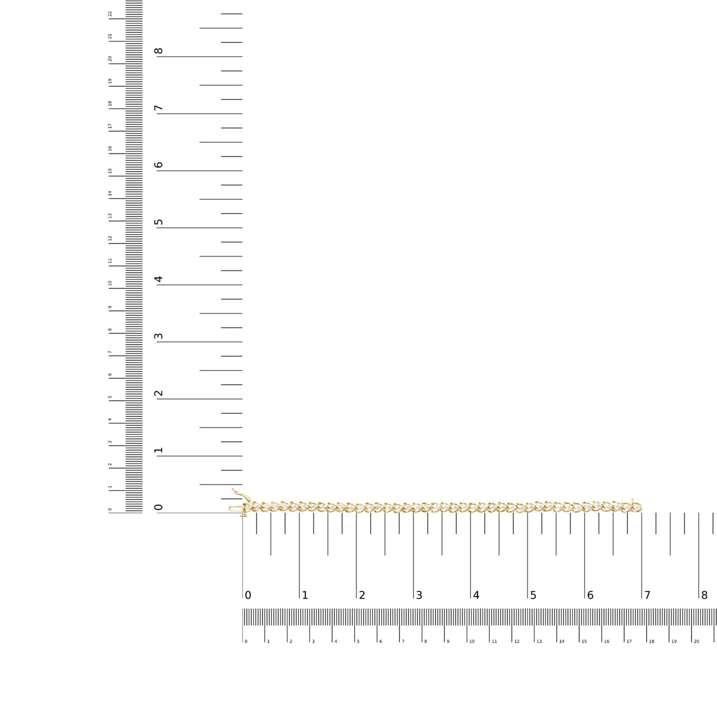 Yellow bracelet with round white gemstones in prong settings, laid flat on a ruler and scale for size reference, viewed from above.