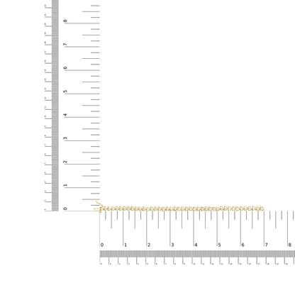 Yellow bracelet with round white gemstones in prong settings, laid flat on a ruler and scale for size reference, viewed from above.