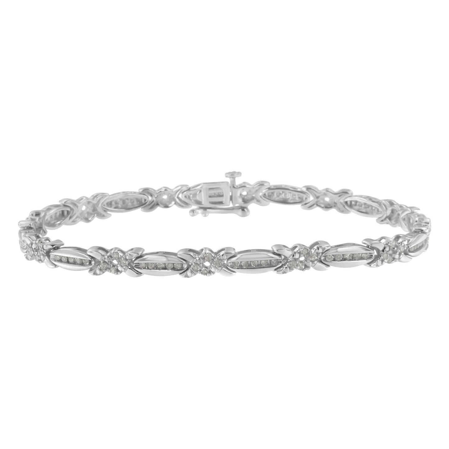 White metal bracelet with alternating oval and floral links set with small round white gemstones in a pave setting, shown in a front-facing close-up angle.