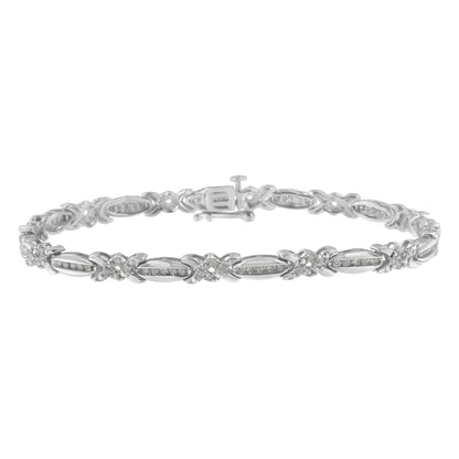 White metal bracelet with alternating oval and floral links set with small round white gemstones in a pave setting, shown in a front-facing close-up angle.