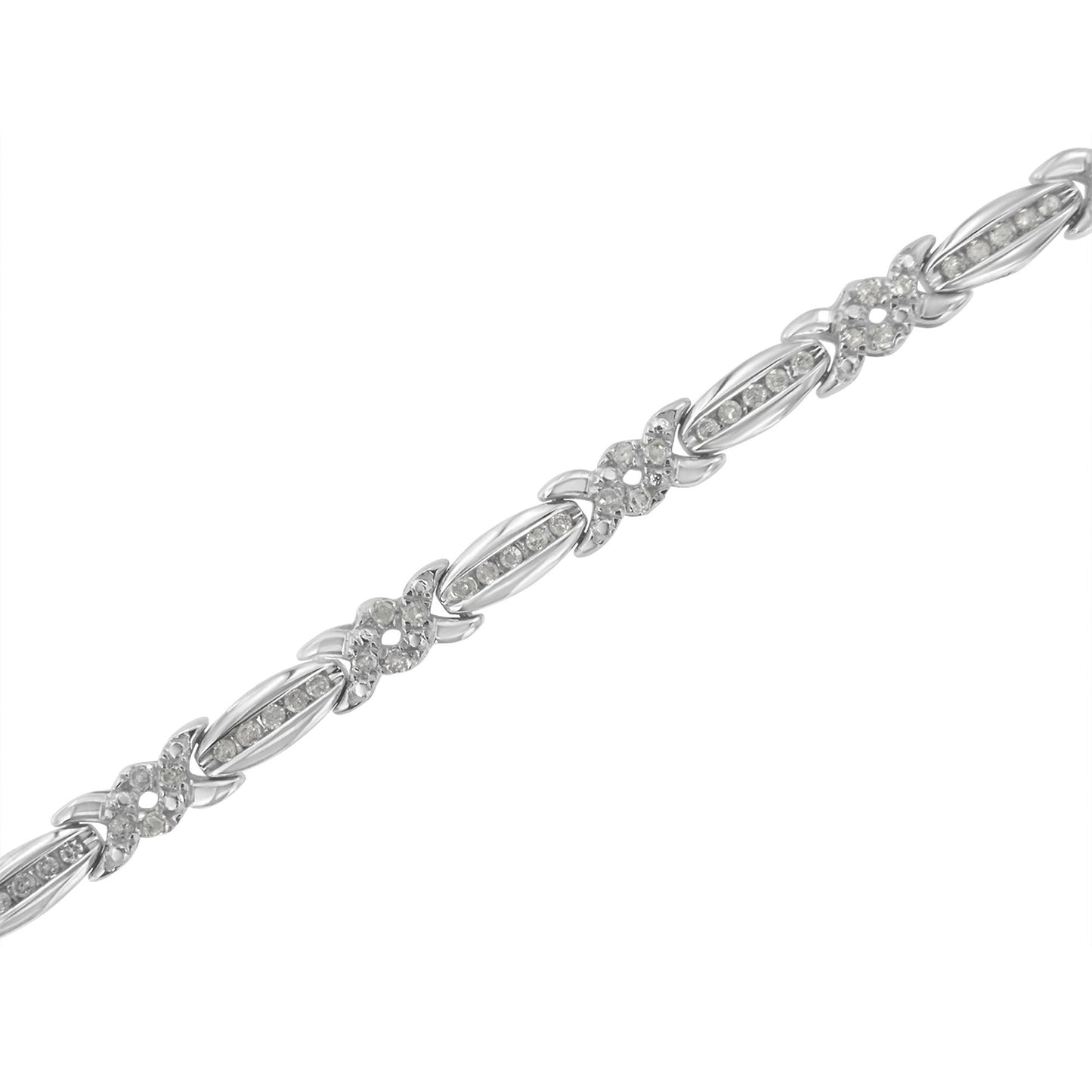 White metal bracelet with alternating oval and flower-shaped links set with round white gemstones in pave setting, shown at a diagonal angle.