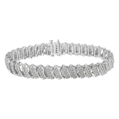 White metal bracelet with pave-set round white gemstones, shown from a front angle.