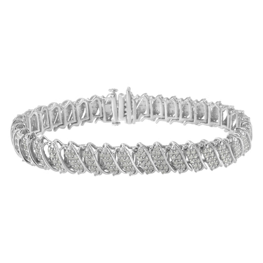 White metal bracelet with pave-set round white gemstones, shown from a front angle.