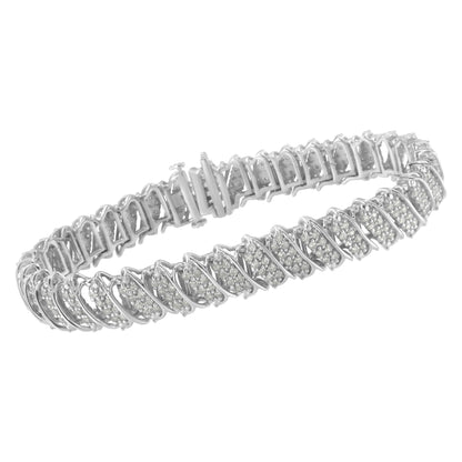 White metal bracelet with pave-set round white gemstones, shown at an angled side view.