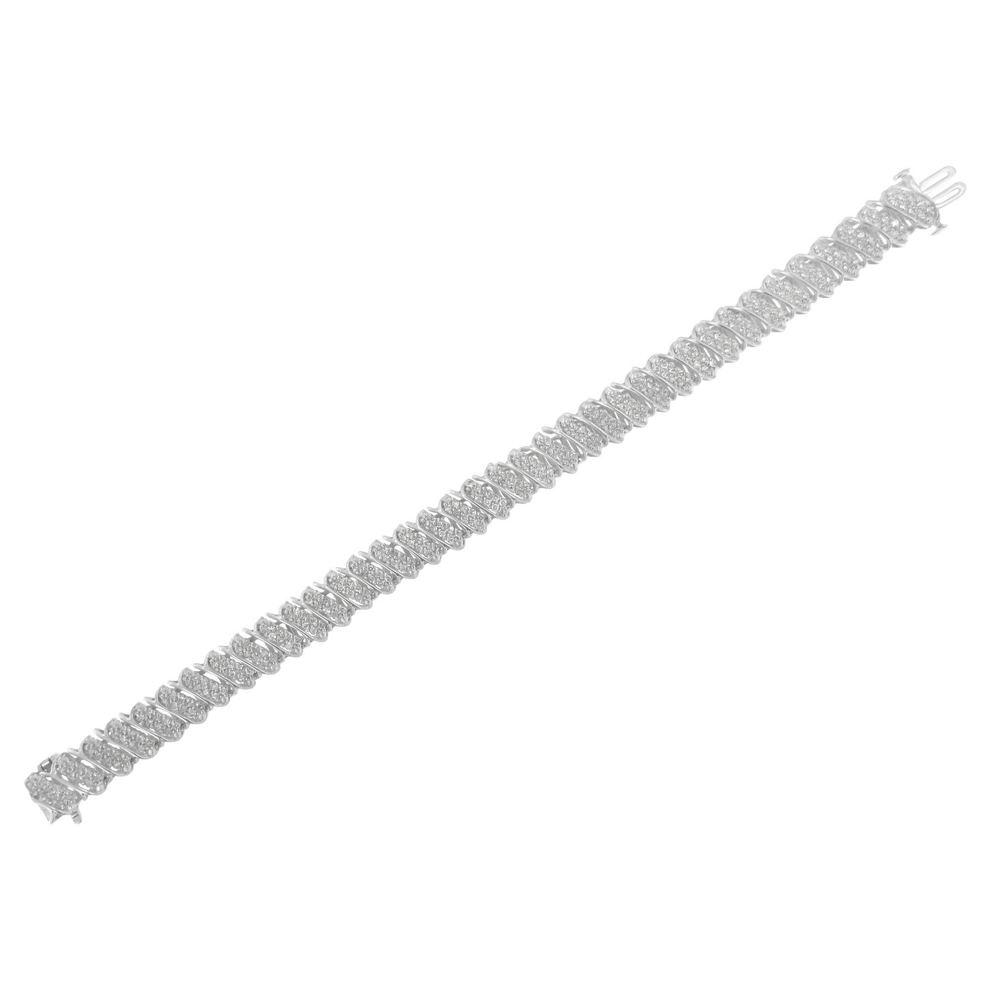 White bracelet with round white gemstones in pave setting, shown from a top angle.