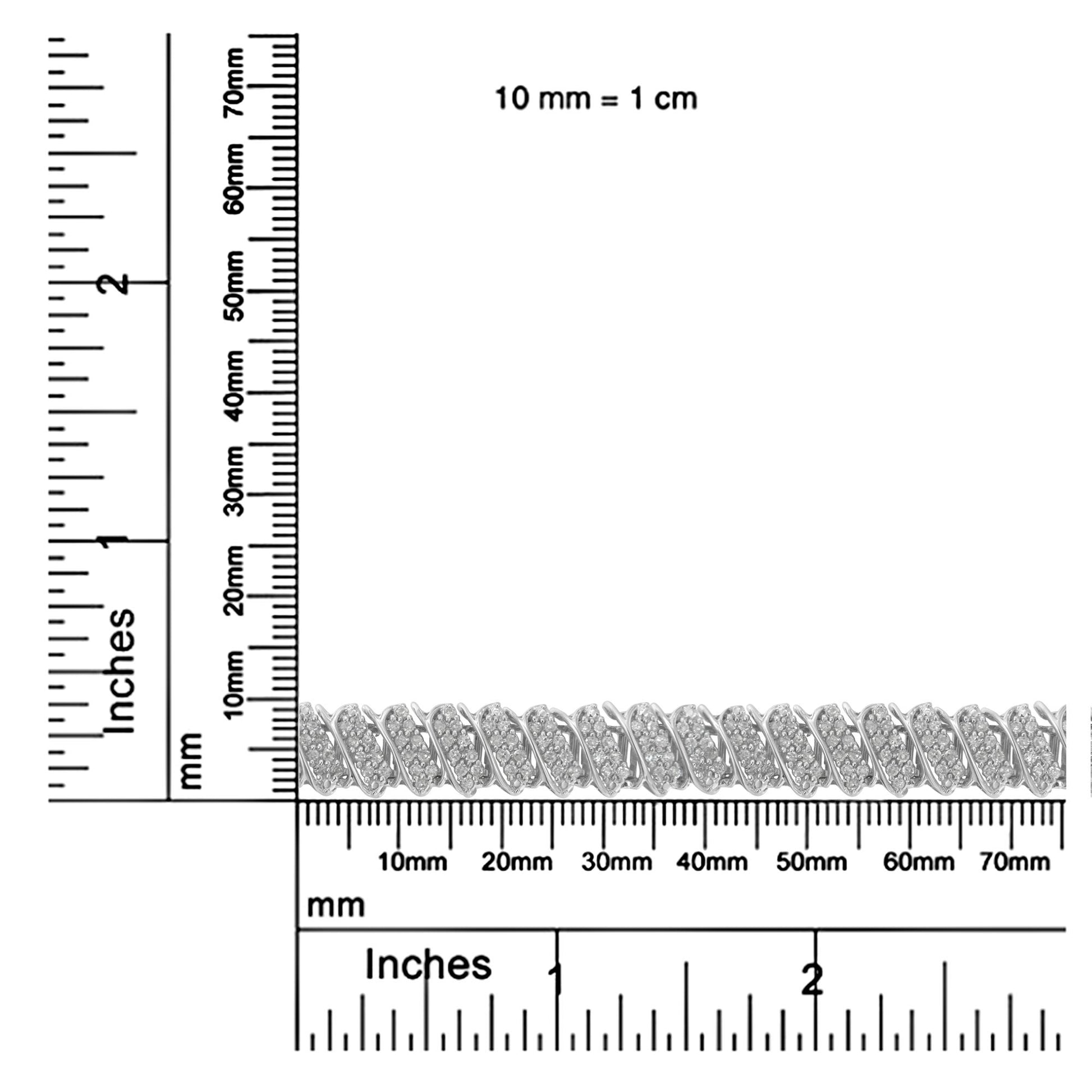Bracelet with pave-set round white gemstones in a spiral design, shown on a ruler and scale for size reference, viewed from the side.