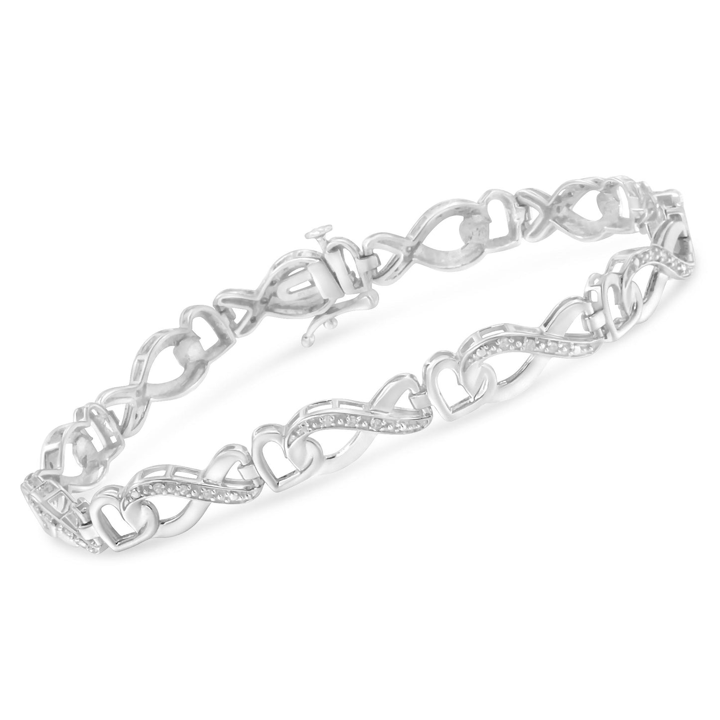 White metal bracelet with heart-shaped and infinity symbol links, some adorned with small white gemstones in pave setting, shown at a slight angle.