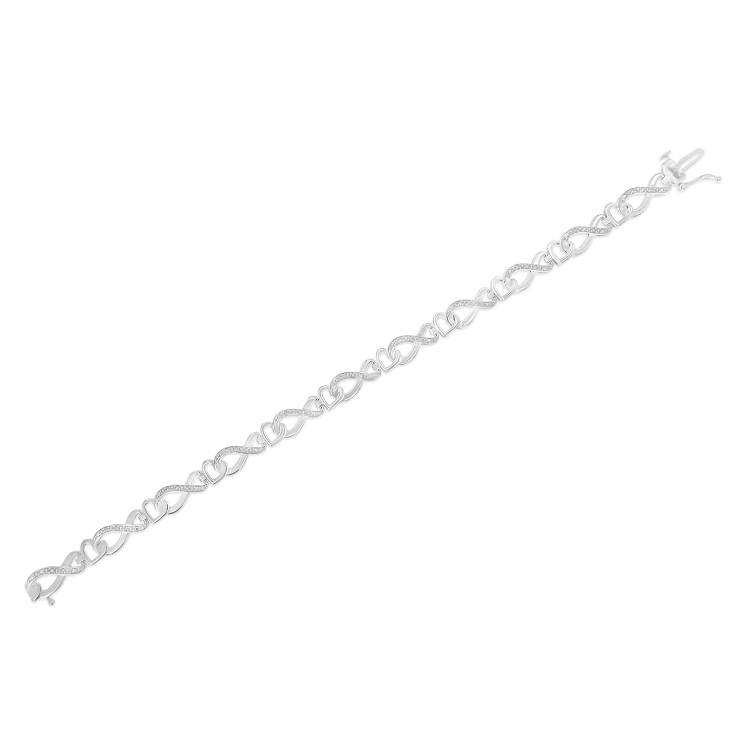 White metal bracelet with alternating heart and infinity-shaped links, each infinity link set with small white gemstones in a pave setting, shown in a flat lay angled view.