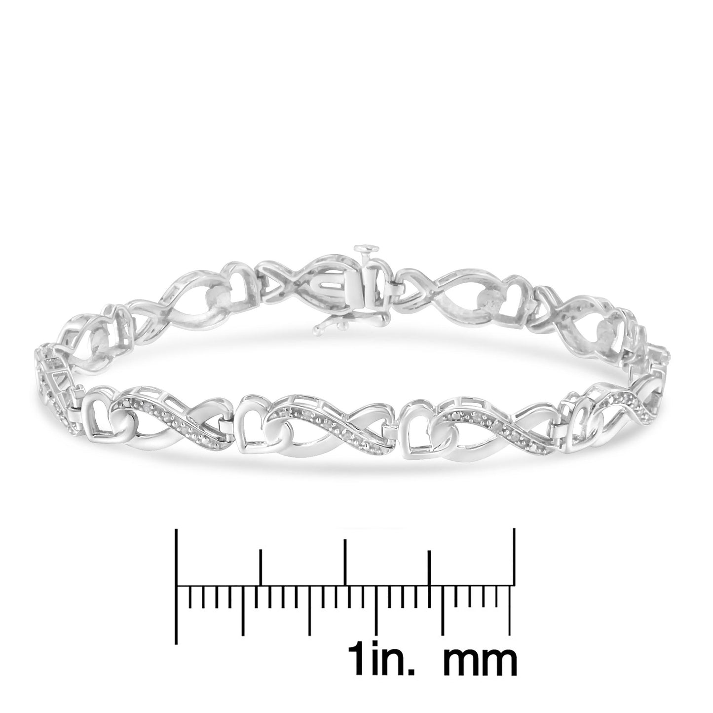 White metal bracelet with alternating heart and infinity links, some adorned with small round white gemstones in a pave setting, displayed from a front angle above a ruler for size reference.