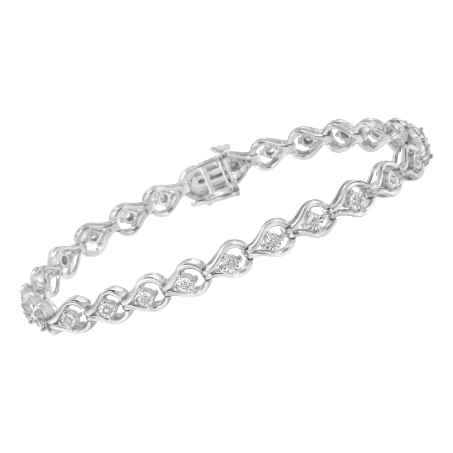 White metal bracelet with linked heart-shaped elements each set with a round white gemstone, shown at a slight angle.
