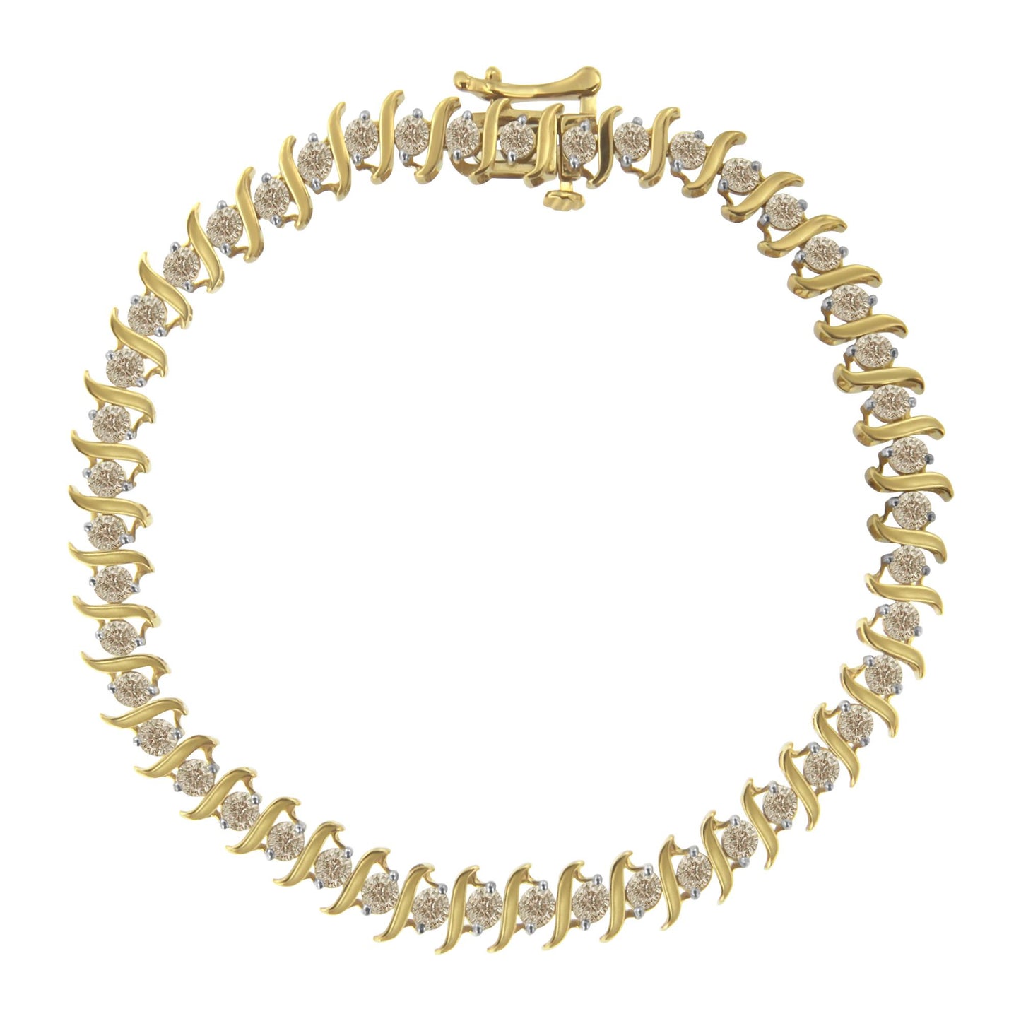 Top-down view of a yellow metal bracelet with round white gemstones in prong settings arranged in an alternating pattern.