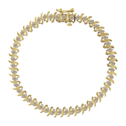 Top-down view of a yellow metal bracelet with round white gemstones in prong settings arranged in an alternating pattern.