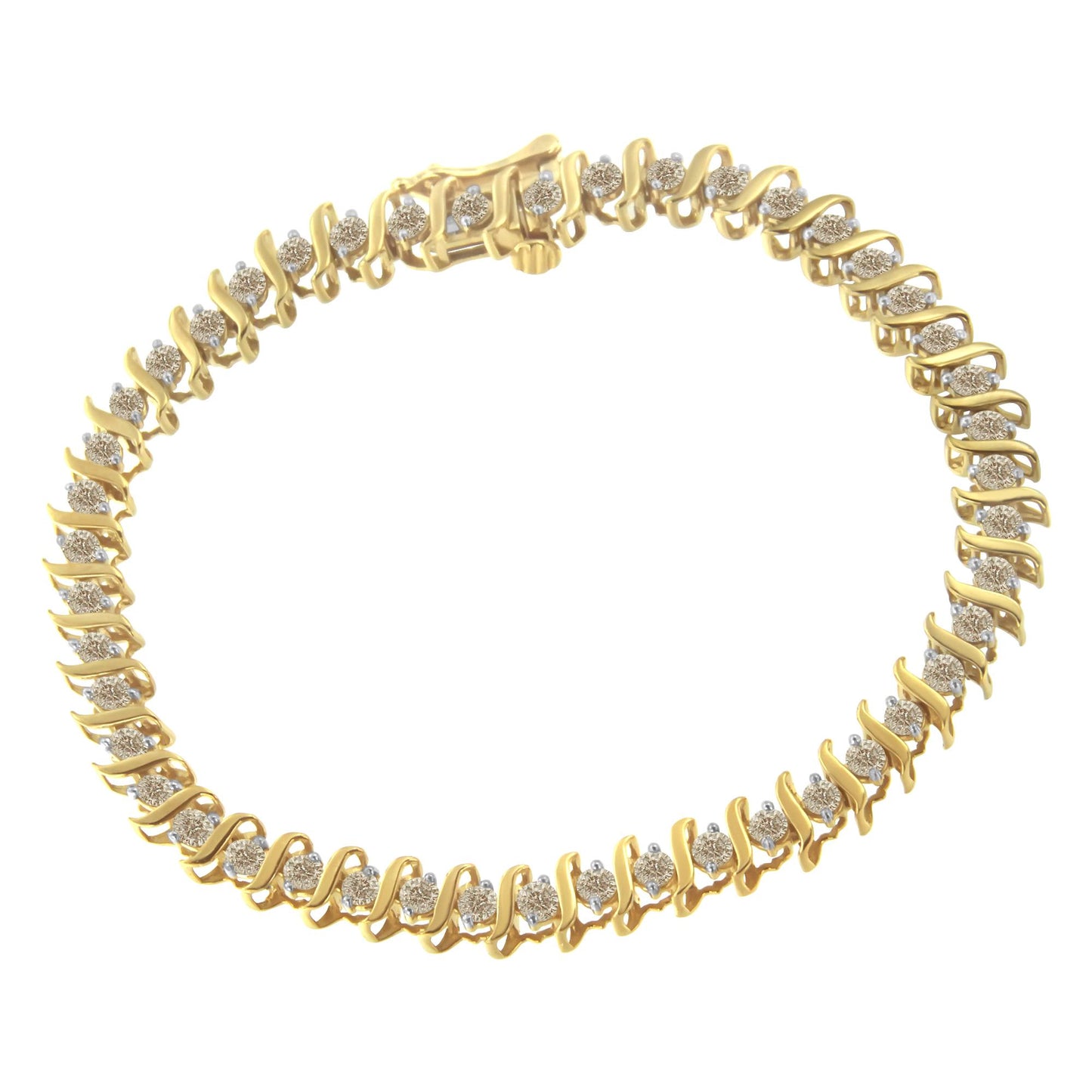 Yellow metal bracelet with round white gemstones in prong settings viewed from above.